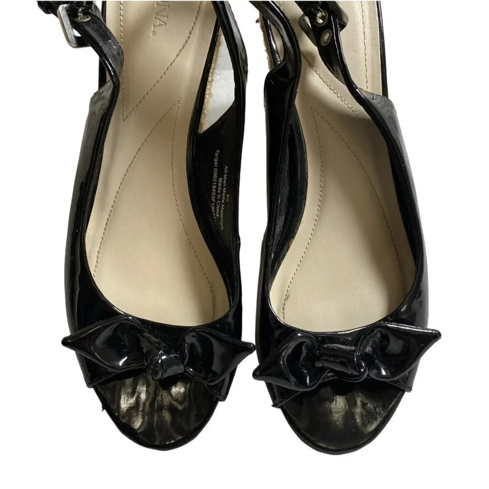 Black patent leather bow embellished espadrille wedges sandals women size 9.5‎